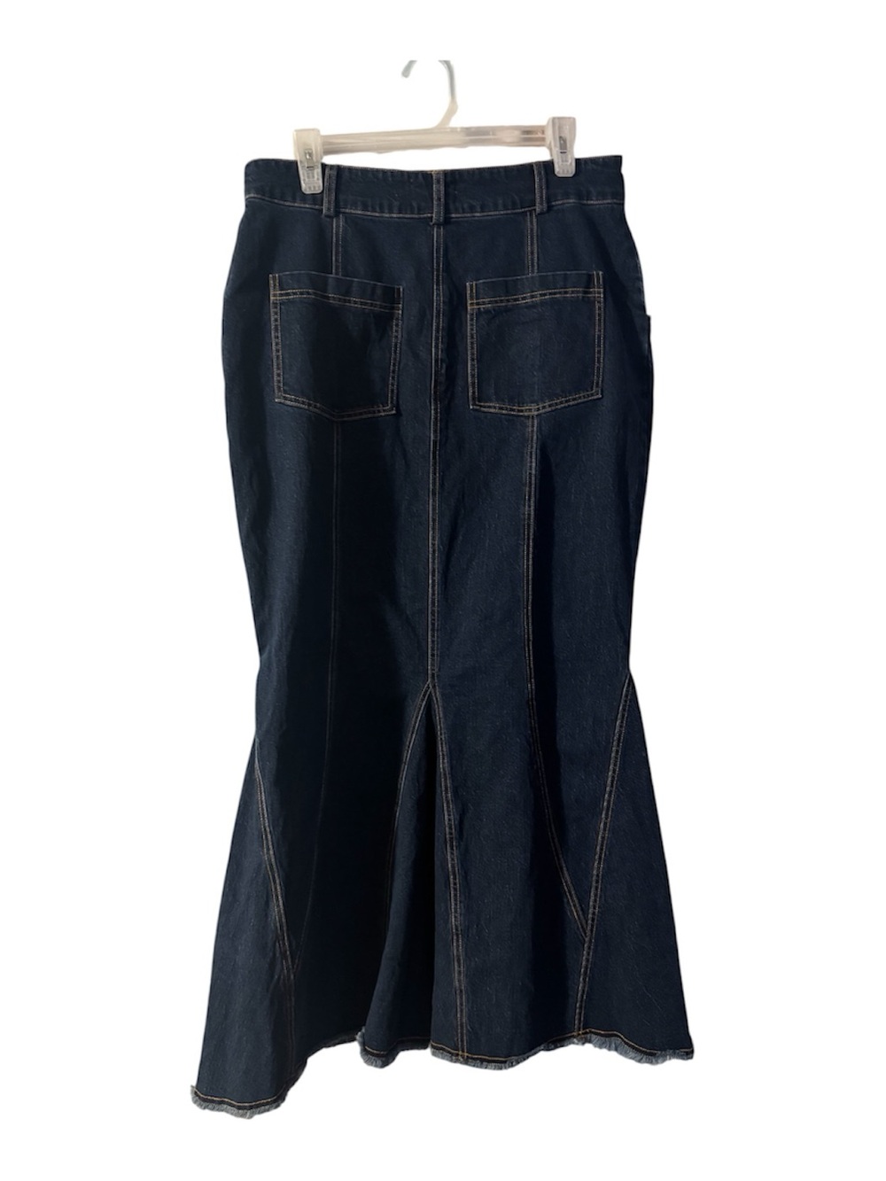 PILCRO Anthropologie Fluted Denim Maxi Skirt Dark Wash Raw Hem Size 12 - Picture 12 of 16
